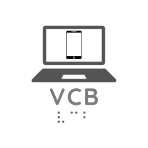 VCB Logo, A laptop with an iPhone with the letters VCB both in print and braille